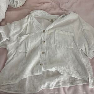 Botique Linen Button Up Pocket Medium Women's White T Shirt